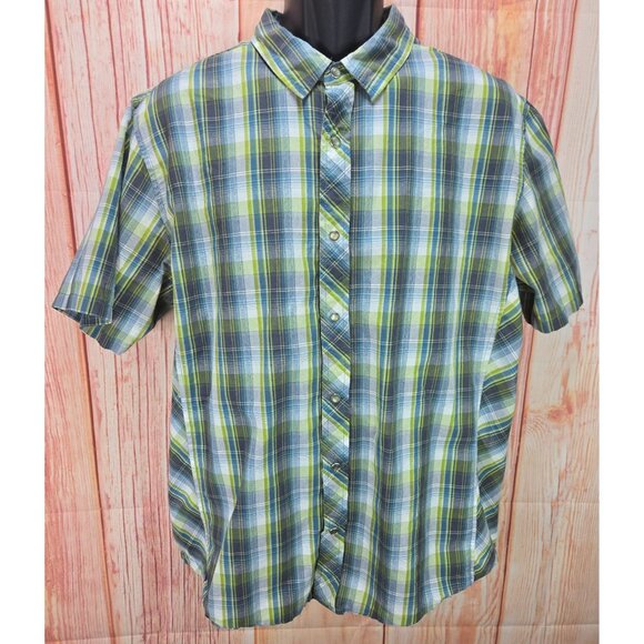 PrAna Mens Short Sleeve Button-Up Shirt Large Plaid Green & Blue Organic Cotton - Picture 1 of 8